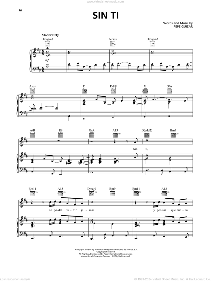 Sin Ti sheet music for voice, piano or guitar by Luis Miguel and Pepe Guizar, intermediate skill level
