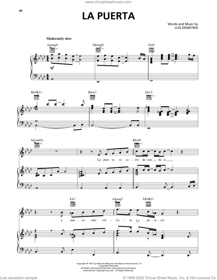 La Puerta sheet music for voice, piano or guitar by Luis Miguel and Luis Demetrio, intermediate skill level