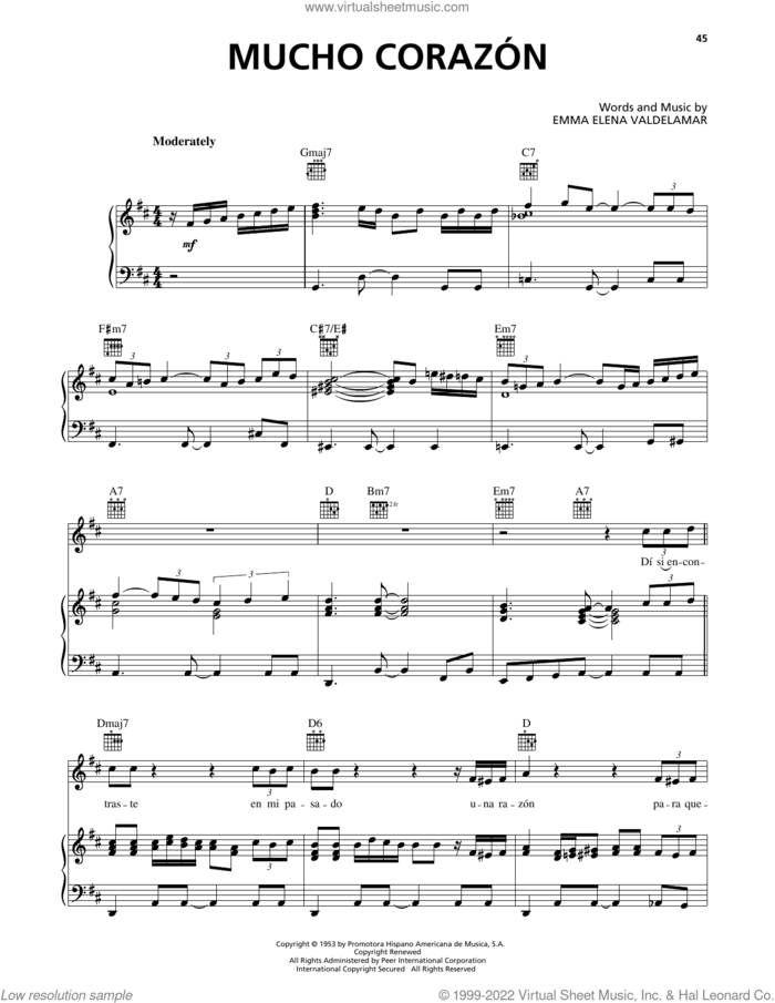Mucho Corazon sheet music for voice, piano or guitar by Luis Miguel and Emma Elena Valdelamar, intermediate skill level