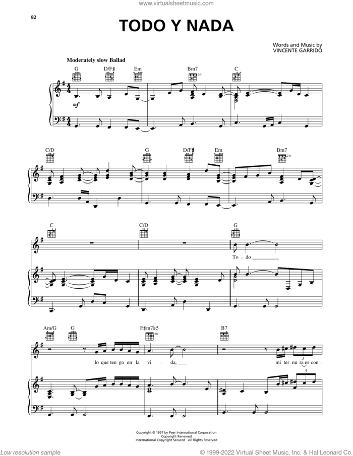 Todo Y Nada sheet music for voice, piano or guitar by Luis Miguel and Vincente Garrido, intermediate skill level