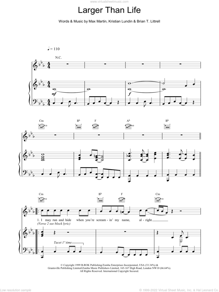 Larger Than Life sheet music for voice, piano or guitar by Backstreet Boys, intermediate skill level