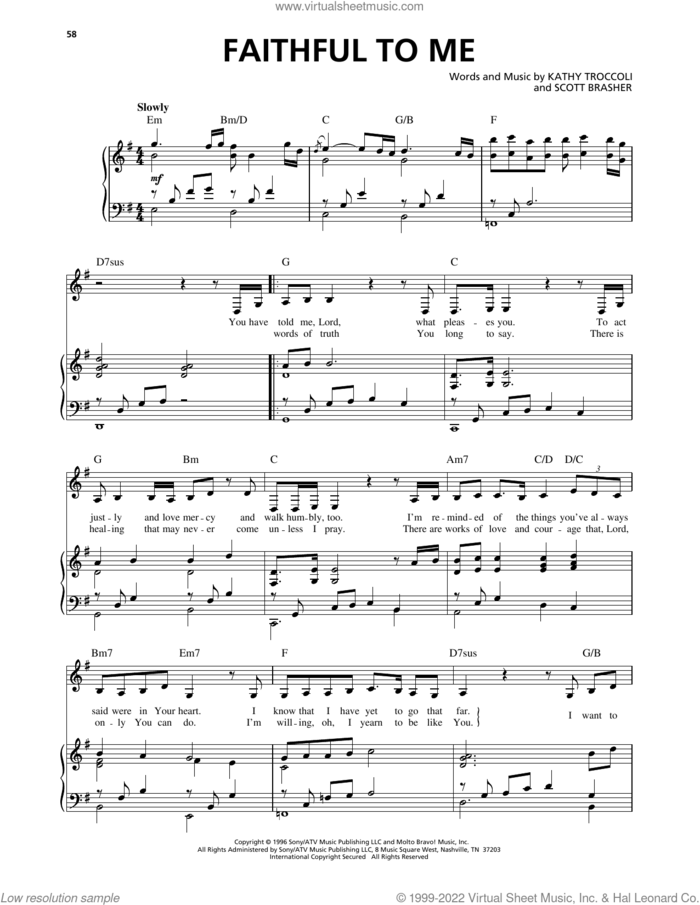 Faithful To Me sheet music for voice, piano or guitar by Kathy Troccoli and Scott Brasher, intermediate skill level