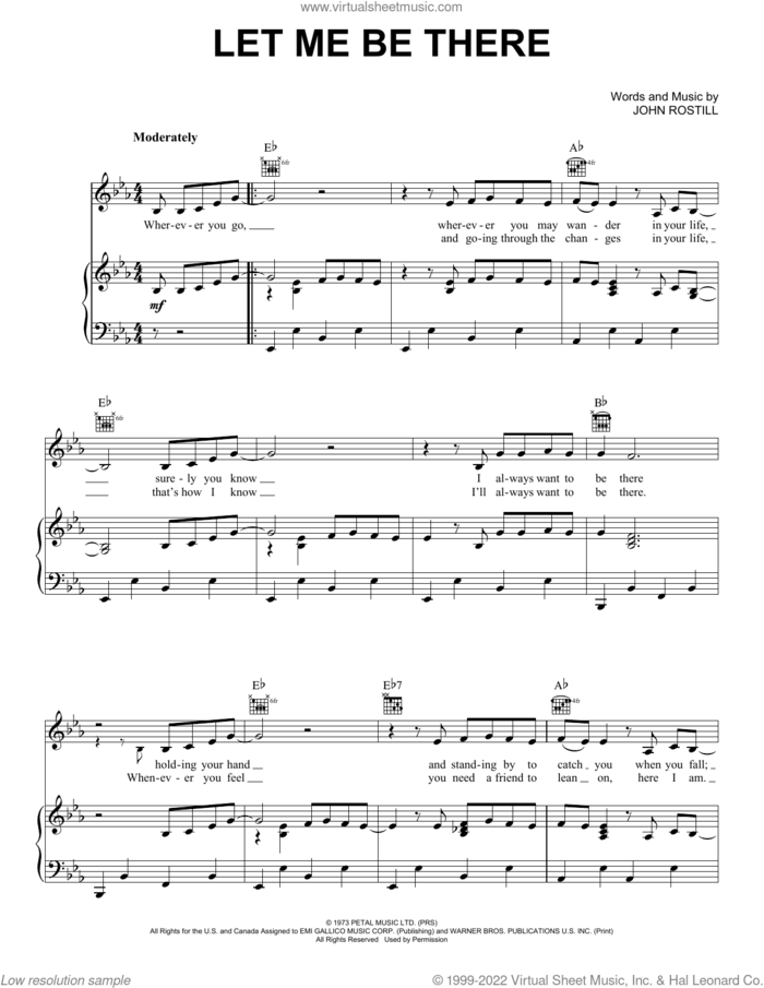 Let Me Be There sheet music for voice, piano or guitar by Elvis Presley, Olivia Newton-John and John Rostill, intermediate skill level