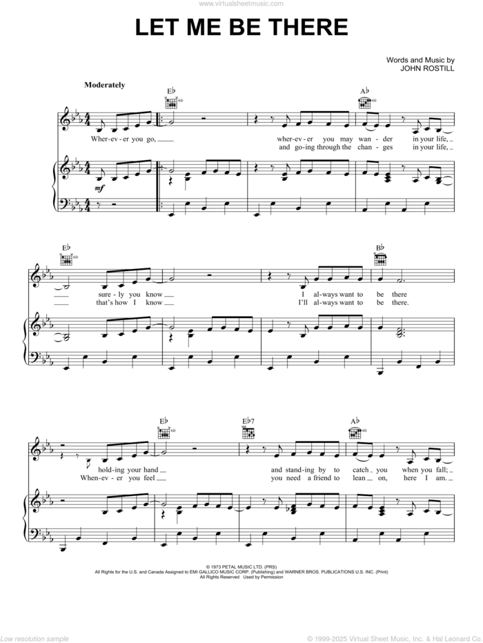 Let Me Be There sheet music for voice, piano or guitar by Elvis Presley, Olivia Newton-John and John Rostill, intermediate skill level