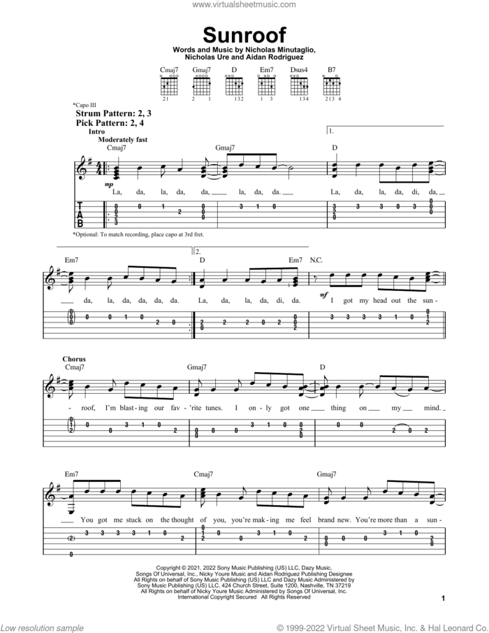 Sunroof sheet music for guitar solo (easy tablature) by Nicky Youre & dazy, Aidan Rodriguez, Nicholas Minutaglio and Nicholas Ure, easy guitar (easy tablature)