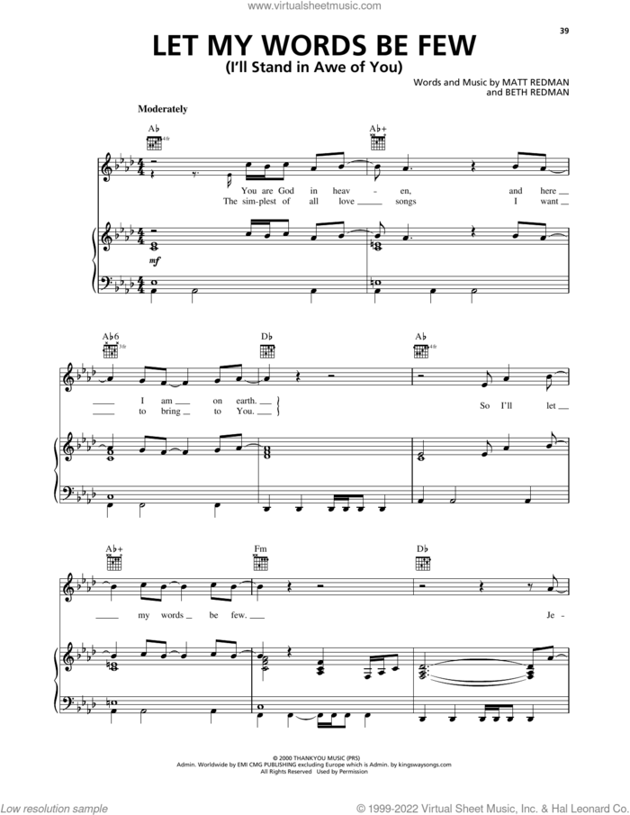 Let My Words Be Few (You Are God In Heaven) sheet music for voice, piano or guitar by Phillips, Craig & Dean, Rebecca St. James, Beth Redman and Matt Redman, intermediate skill level