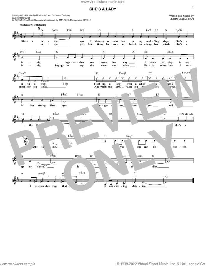 She's A Lady sheet music for voice and other instruments (fake book) by Tom Jones, Kenny Rankin and John Sebastian, intermediate skill level