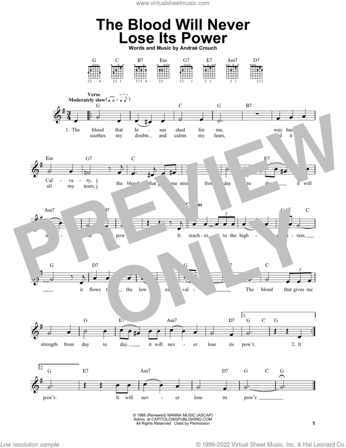 The Blood Will Never Lose Its Power sheet music for guitar solo (chords) by Andrae Crouch, easy guitar (chords)