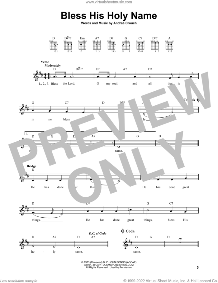 Bless His Holy Name sheet music for guitar solo (chords) by Andrae Crouch, easy guitar (chords)