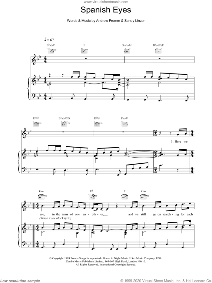 Spanish Eyes sheet music for voice, piano or guitar by Backstreet Boys, Andrew Fromm and Sandy Linzer, intermediate skill level