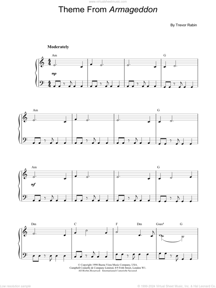 Armageddon sheet music for piano solo by Trevor Rabin, intermediate skill level