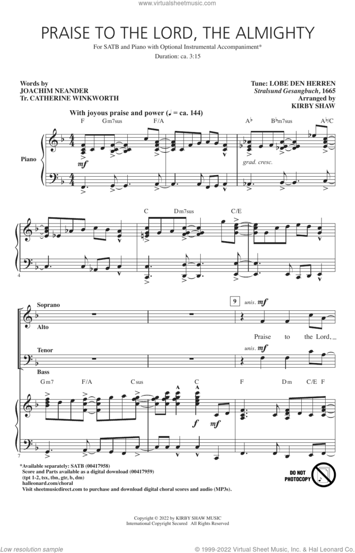 Praise To The Lord, The Almighty sheet music for choir (SATB: soprano, alto, tenor, bass) by Joachim Neander, Kirby Shaw, Catherine Winkworth (trans.) and LOBE DEN HERREN, intermediate skill level