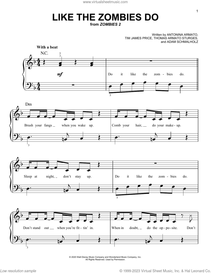 Like The Zombies Do (from Disney's Zombies 2) sheet music for piano solo by Zombies Cast, Adam Schmalholz, Antonina Armato, Thomas Armato Sturges and Tim James Price, easy skill level