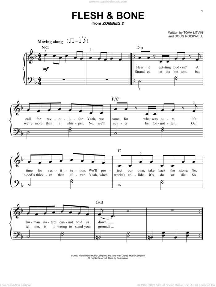 Flesh and Bone (from Disney's Zombies 2) sheet music for piano solo by Zombies Cast, Doug Rockwell and Tova Litvin, easy skill level