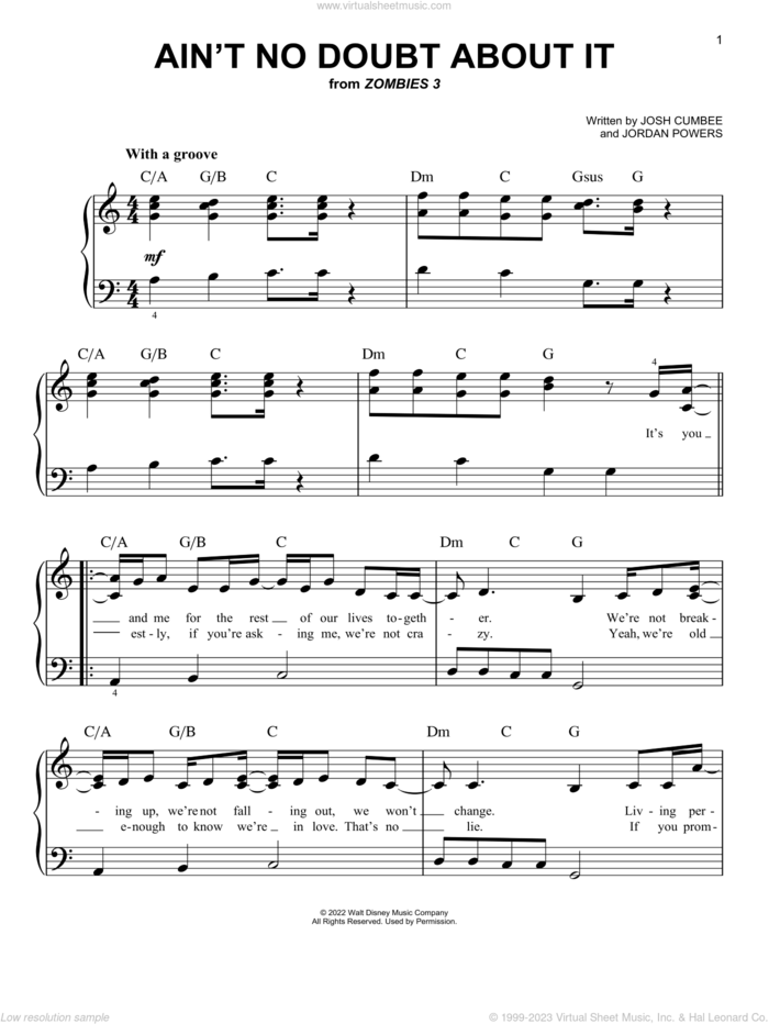Ain't No Doubt About It (from Disney's Zombies 3) sheet music for piano solo by Zombies Cast, Jordan Powers and Josh Cumbee, easy skill level
