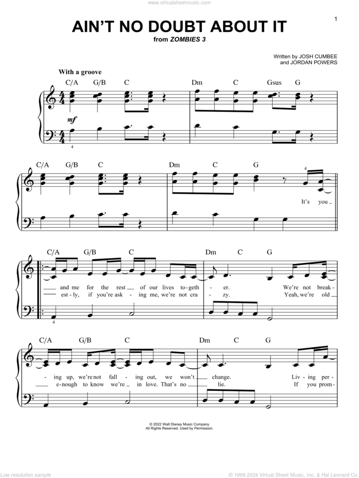 Ain't No Doubt About It (from Disney's Zombies 3) sheet music for piano solo by Zombies Cast, Jordan Powers and Josh Cumbee, easy skill level