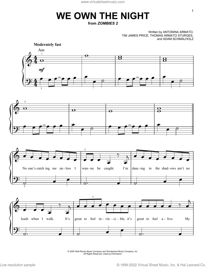We Own The Night (from Disney's Zombies 2) sheet music for piano solo by Zombies Cast, Adam Schmalholz, Antonina Armato, Thomas Armato Sturges and Tim James Price, easy skill level
