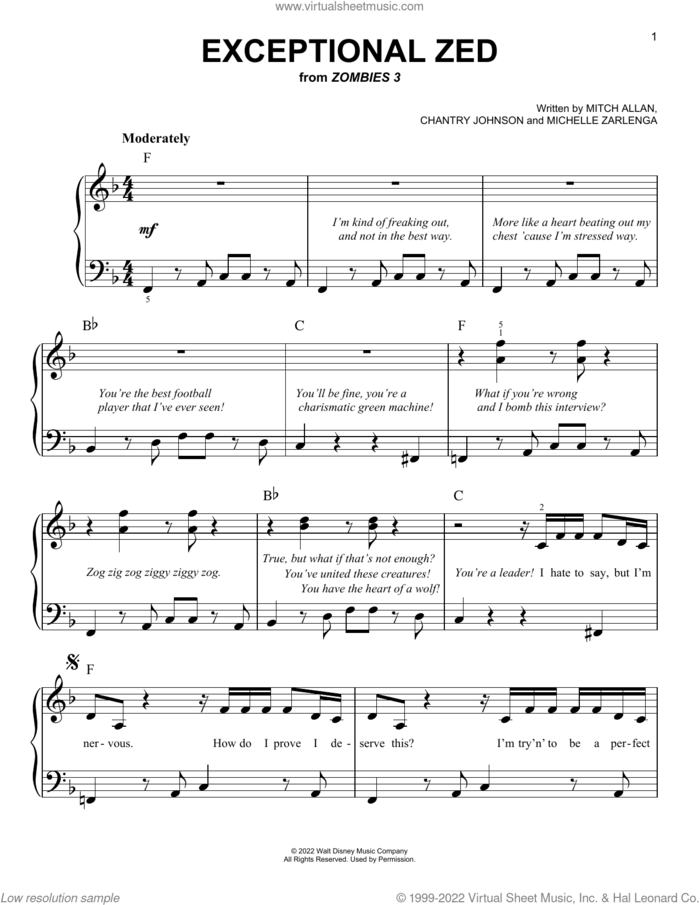 Exceptional Zed (from Disney's Zombies 3) sheet music for piano solo by Zombies Cast, Chantry Johnson, Michelle Zarlenga and Mitch Allan, easy skill level