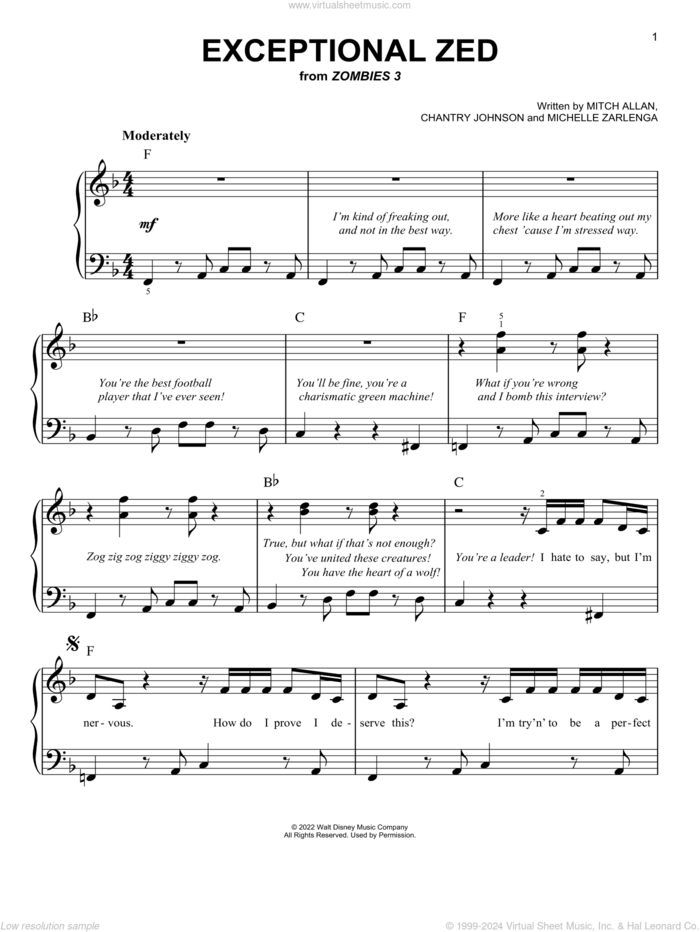 Exceptional Zed (from Disney's Zombies 3) sheet music for piano solo by Zombies Cast, Chantry Johnson, Michelle Zarlenga and Mitch Allan, easy skill level