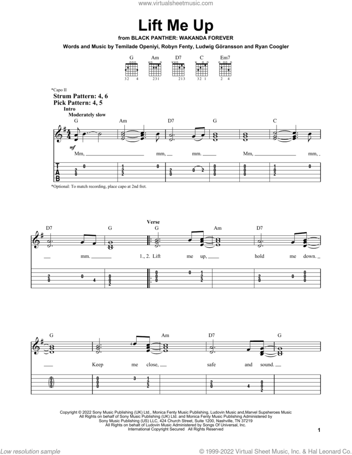 Lift Me Up (from Black Panther: Wakanda Forever) sheet music for guitar solo (easy tablature) by Rihanna, Ludwig Goransson, Robyn Fenty, Ryan Coogler and Temilade Openiyi, easy guitar (easy tablature)