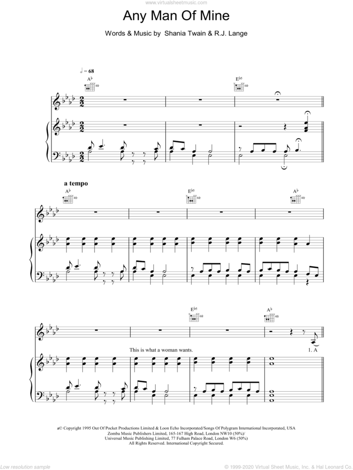 Any Man Of Mine sheet music for voice, piano or guitar by Shania Twain, intermediate skill level