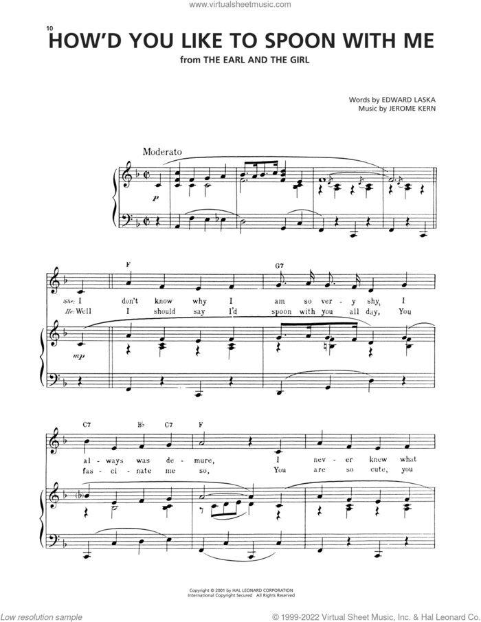 How'd You Like To Spoon With Me sheet music for voice, piano or guitar by Jerome Kern and Edward Laska, intermediate skill level