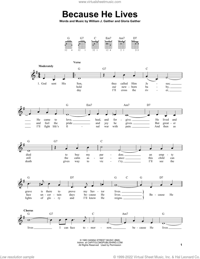 Because He Lives sheet music for guitar solo (chords) by Bill & Gloria Gaither, Gloria Gaither and William J. Gaither, easy guitar (chords)