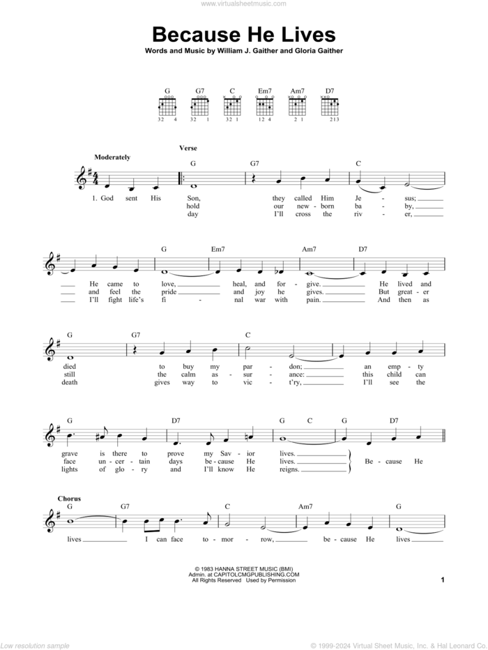 Because He Lives sheet music for guitar solo (chords) by Bill & Gloria Gaither, Gloria Gaither and William J. Gaither, easy guitar (chords)