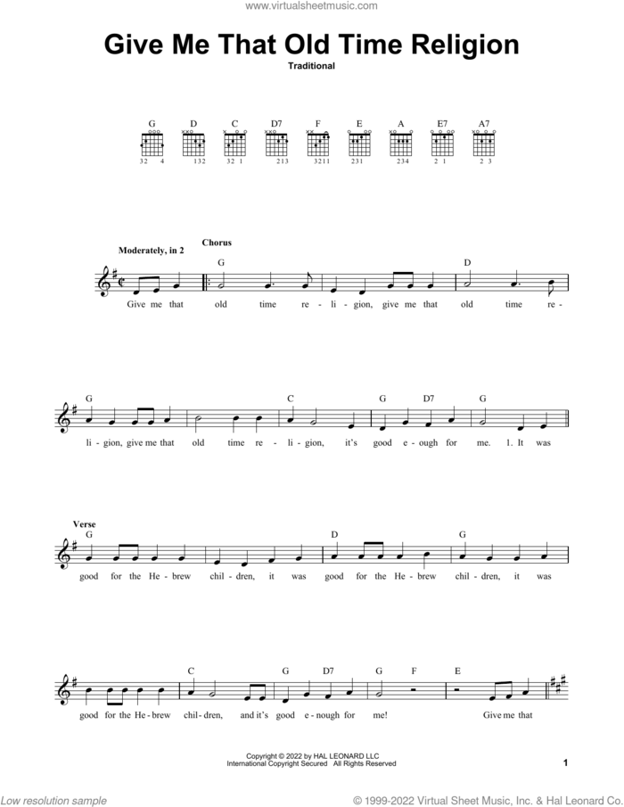 Give Me That Old Time Religion, (easy) sheet music for guitar solo (chords), easy guitar (chords)