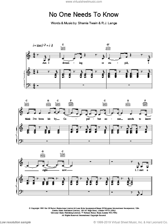 No One Needs To Know sheet music for voice, piano or guitar by Shania Twain, intermediate skill level