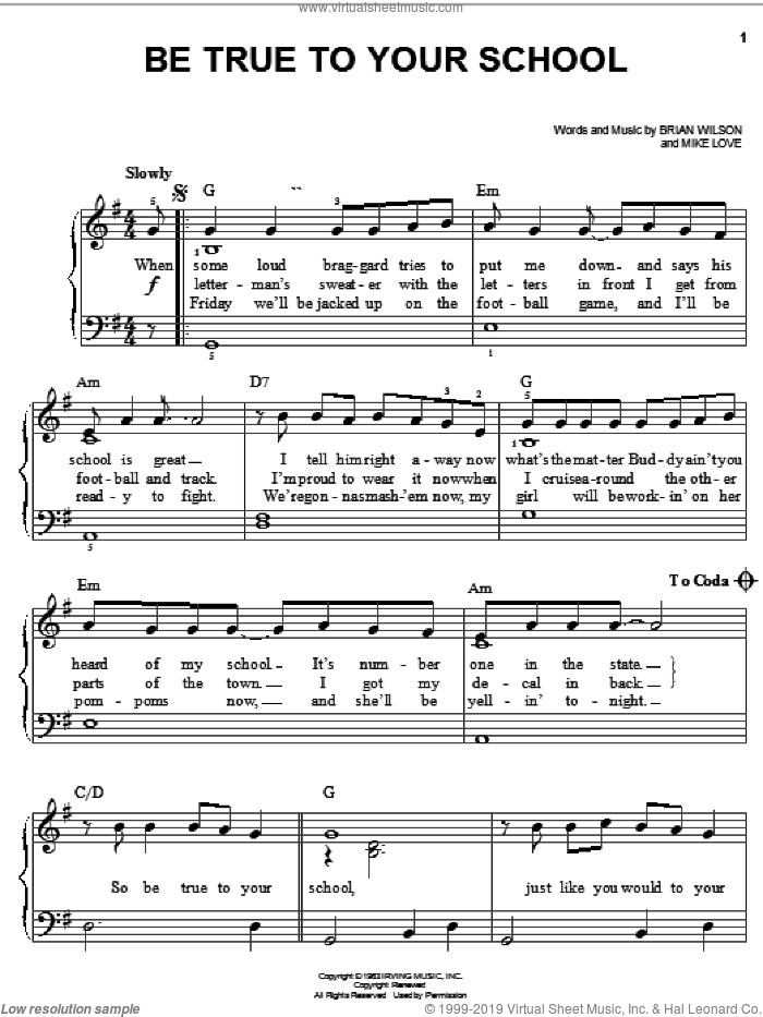 Be True To Your School sheet music for piano solo by The Beach Boys, Brian Wilson and Mike Love, easy skill level