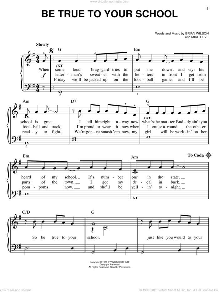 Be True To Your School sheet music for piano solo by The Beach Boys, Brian Wilson and Mike Love, easy skill level