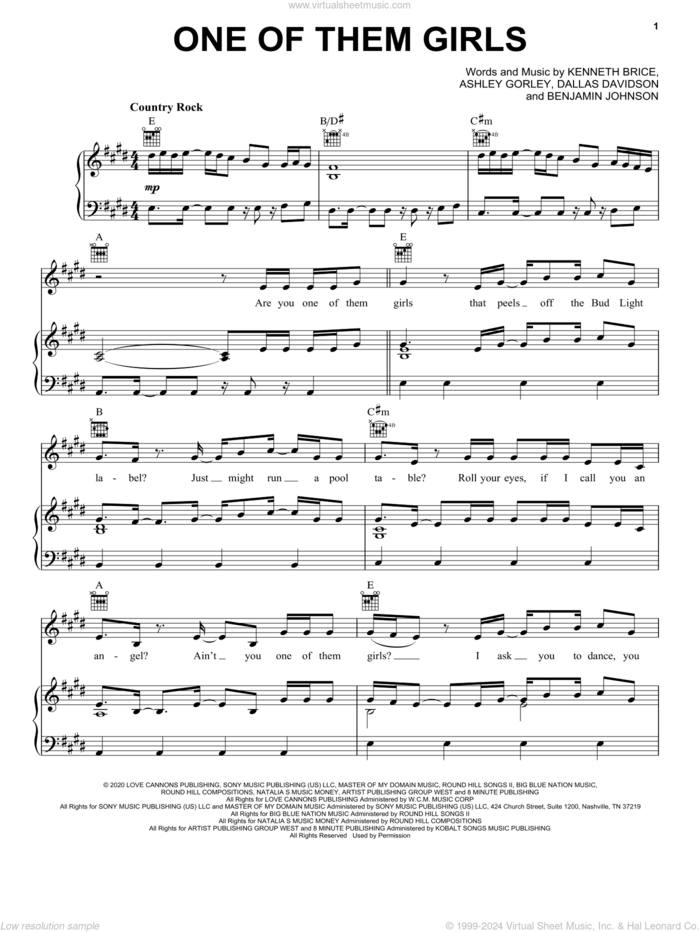One Of Them Girls sheet music for voice, piano or guitar by Lee Brice, Ashley Gorley, Benjamin Johnson, Dallas Davidson and Kenneth Brice, intermediate skill level