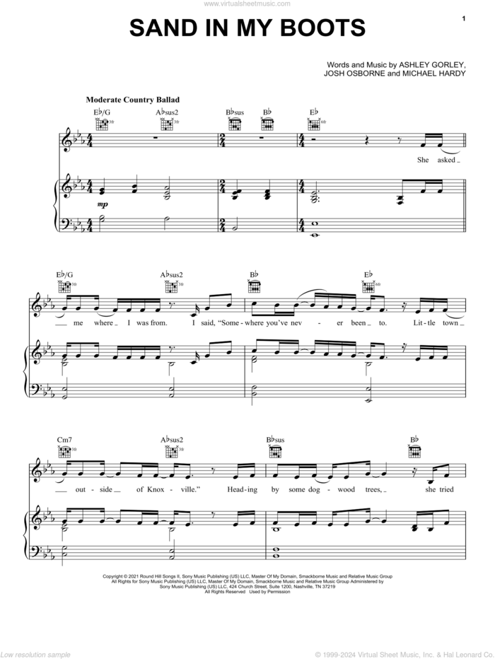 Sand In My Boots sheet music for voice, piano or guitar by Morgan Wallen, Ashley Gorley, Josh Osborne and Michael Hardy, intermediate skill level