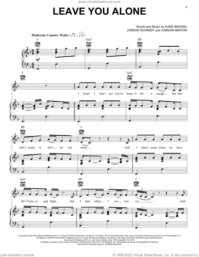 Leave You Alone sheet music for voice, piano or guitar by Kane Brown, Jordan Minton and Jordan Schmidt, intermediate skill level