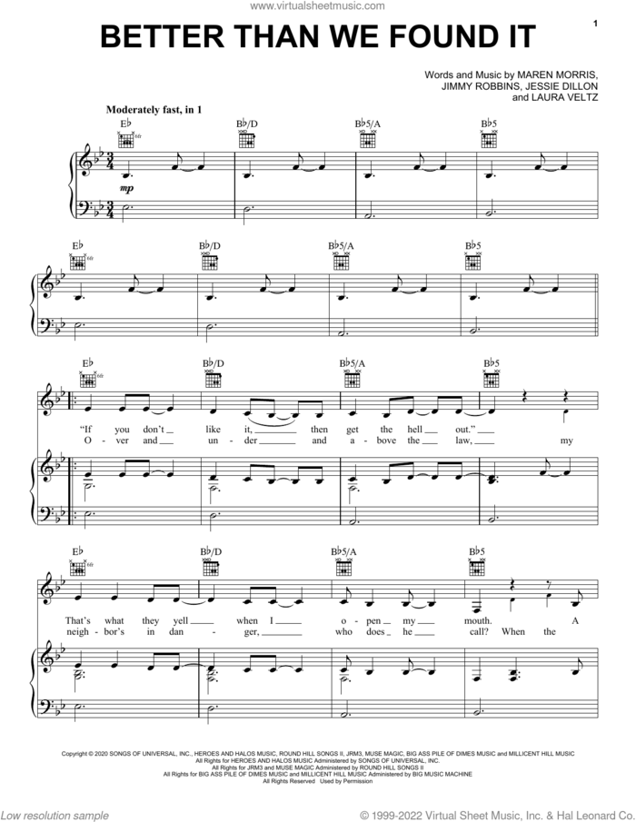 Better Than We Found It sheet music for voice, piano or guitar by Maren Morris, Jessie Dillon, Jimmy Robbins and Laura Veltz, intermediate skill level