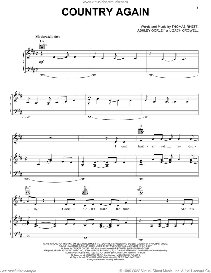 Country Again sheet music for voice, piano or guitar by Thomas Rhett, Ashley Gorley and Zach Crowell, intermediate skill level