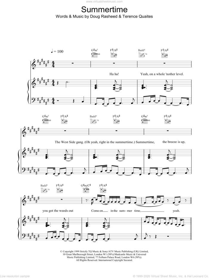 Summertime sheet music for voice, piano or guitar by Another Level, intermediate skill level