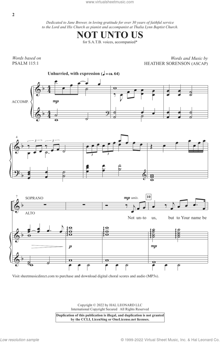 Not Unto Us sheet music for choir (SATB: soprano, alto, tenor, bass) by Heather Sorenson, intermediate skill level