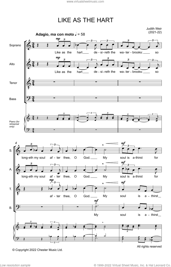 Like As The Hart sheet music for choir (SATB: soprano, alto, tenor, bass) by Judith Weir and Psalm 42:1-7, intermediate skill level