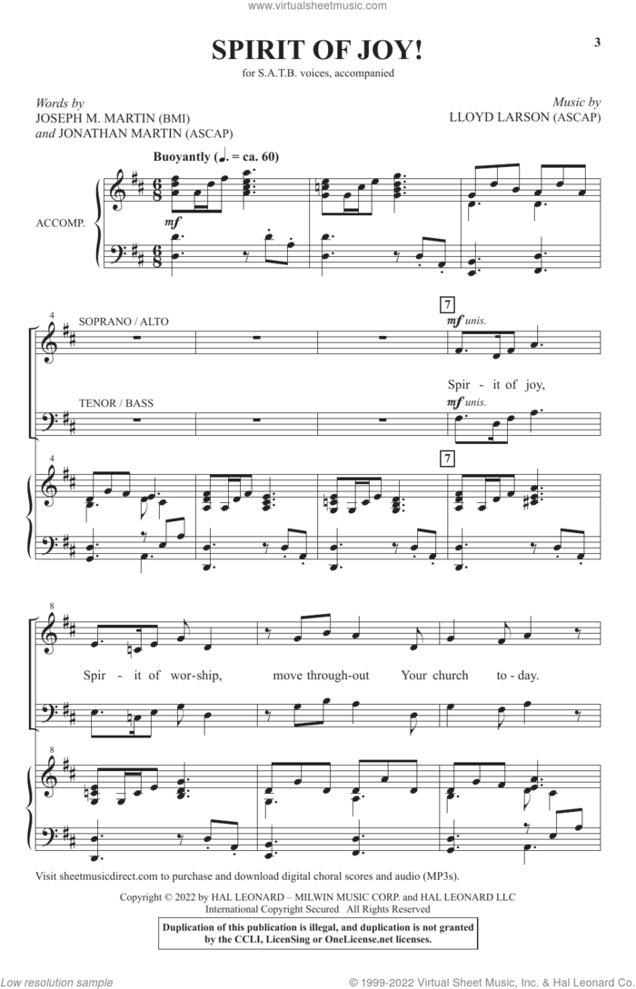 Spirit Of Joy! sheet music for choir (SATB: soprano, alto, tenor, bass) by Lloyd Larson and Joseph M. Martin, Jonathan Martin and Lloyd Larson, Jonathan Martin and Joseph M. Martin, intermediate skill level