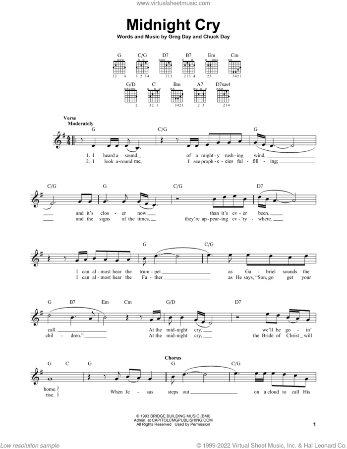 Midnight Cry sheet music for guitar solo (chords) by Chuck Day and Greg Day, easy guitar (chords)