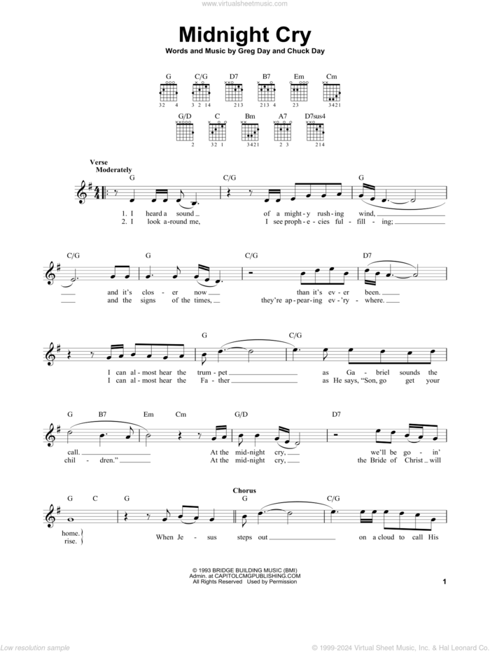 Midnight Cry sheet music for guitar solo (chords) by Chuck Day and Greg Day, easy guitar (chords)