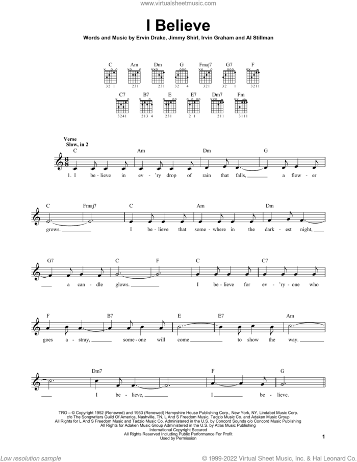 I Believe sheet music for guitar solo (chords) by Frankie Laine, Al Stillman, Ervin Drake, Irvin Graham and Jimmy Shirl, easy guitar (chords)