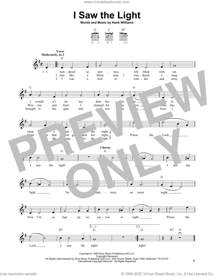 I Saw The Light sheet music for guitar solo (chords) by Hank Williams, easy guitar (chords)