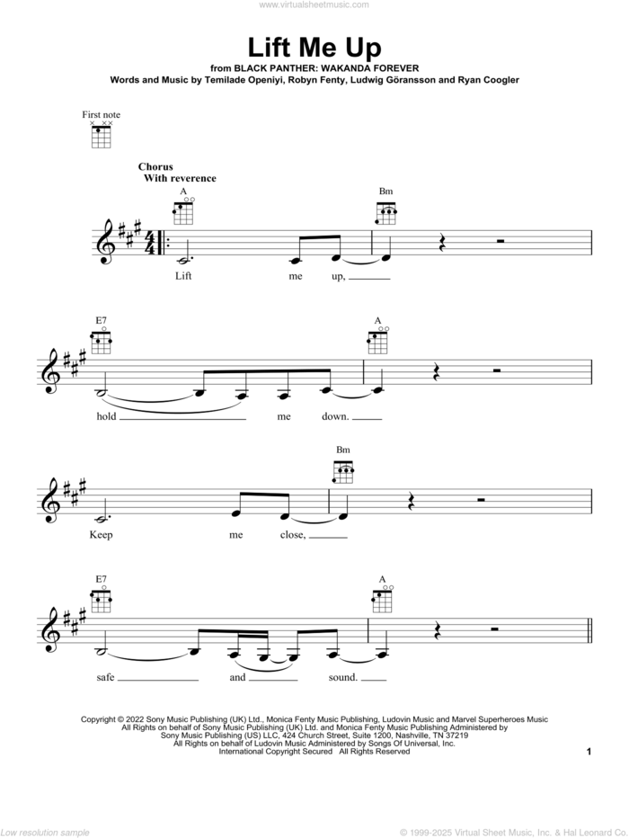 Lift Me Up (from Black Panther: Wakanda Forever) sheet music for ukulele by Rihanna, Ludwig Goransson, Robyn Fenty, Ryan Coogler and Temilade Openiyi, intermediate skill level