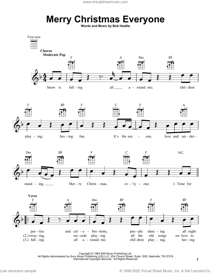 Merry Christmas Everyone sheet music for ukulele by Shakin' Stevens and Bob Heatlie, intermediate skill level