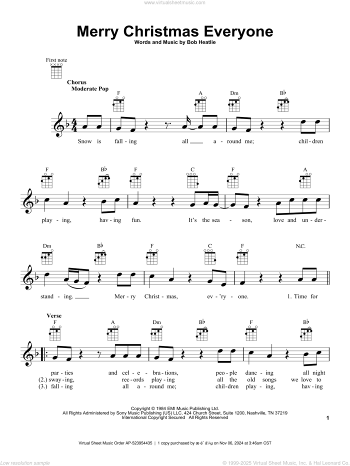 Merry Christmas Everyone sheet music for ukulele by Shakin' Stevens and Bob Heatlie, intermediate skill level