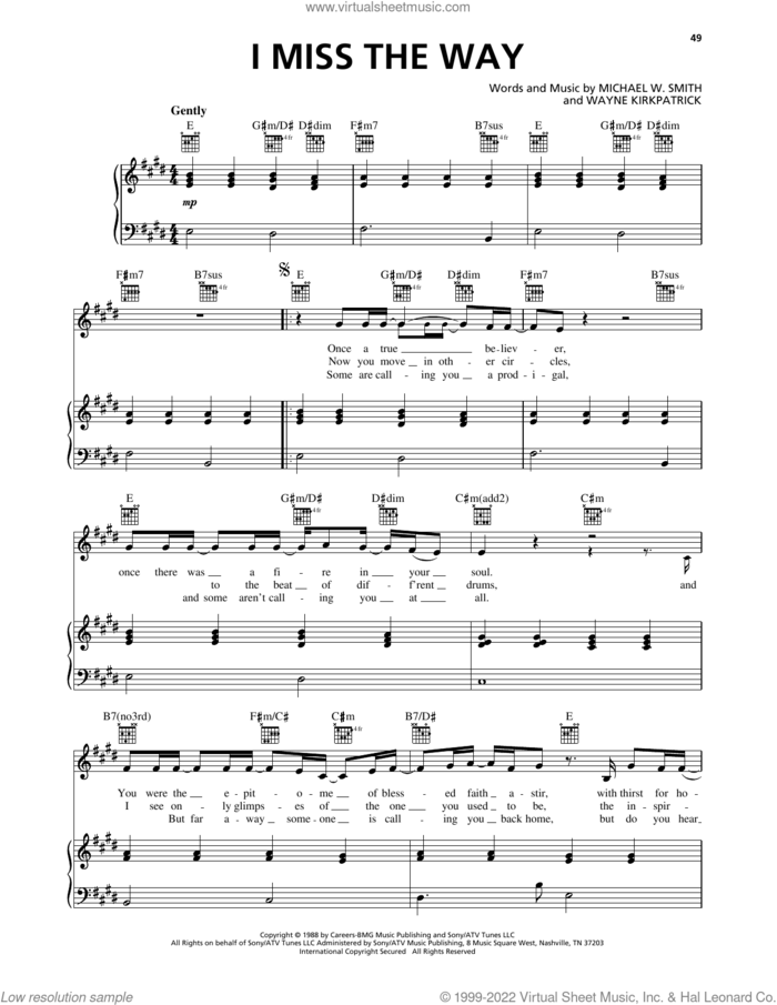 I Miss The Way sheet music for voice, piano or guitar by Michael W. Smith and Wayne Kirkpatrick, intermediate skill level
