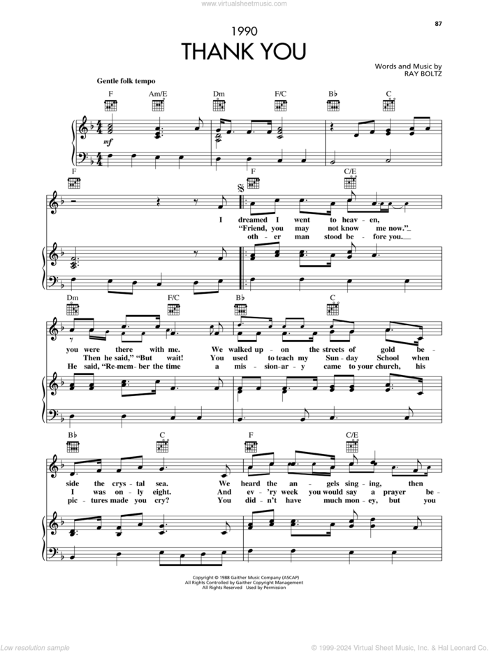 Ray Boltz: Thank You sheet music for voice, piano or guitar (PDF)